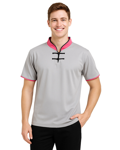 POLO衫訂製｜立領一字釦｜雙袖 灰配桃紅｜<span>PCANB-S41-00476d</span>