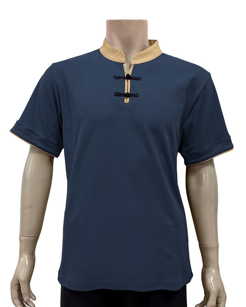 POLO 訂製 立領一字釦 短袖 中性  丈青配土黃 <span>PCANB-S41-00485</span>  |商品介紹|POLO衫客製化【訂製款】|POLO衫短袖訂製中性版