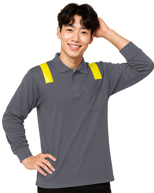 反光條工地POLO衫-黃色反光條 深灰素面<span>PCANB-S62-00488</span>  |商品介紹|POLO衫客製化【訂製款】|POLO衫長袖訂製中性版