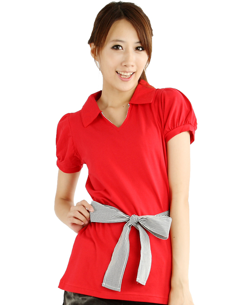 POLO衫訂製款V領綁帶腰身-紅<span>PCANG-B01-00303</span>