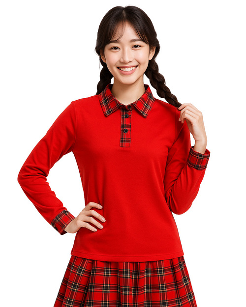 POLO衫 訂製款｜假兩件 長袖  腰身｜大紅配格紋｜<span>PCANG-S12-00407</span>