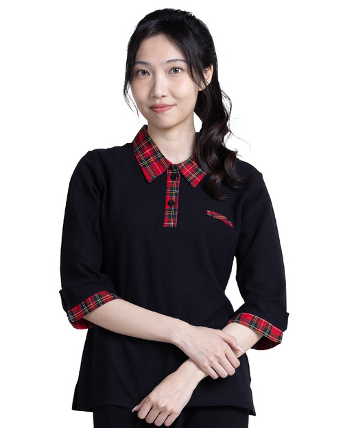 POLO-訂製-腰身-七分袖-假兩件-黑配紅格紋 <span>PCANG-S12-00408</span>  |商品介紹|POLO衫客製化【訂製款】|POLO衫長袖訂製腰身版