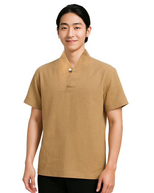 V領開襟中國衫-天絲麻-黃褐<span>SHO-EB01</span>