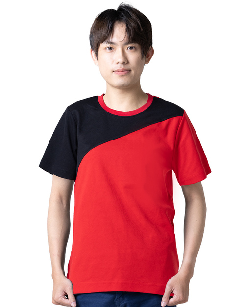 客製圓領T恤-斜袖剪接-紅配黑 <span>TCANB-A02-00141</span>  |商品介紹|T恤客製化  【訂製款】|T恤訂製短袖中性版
