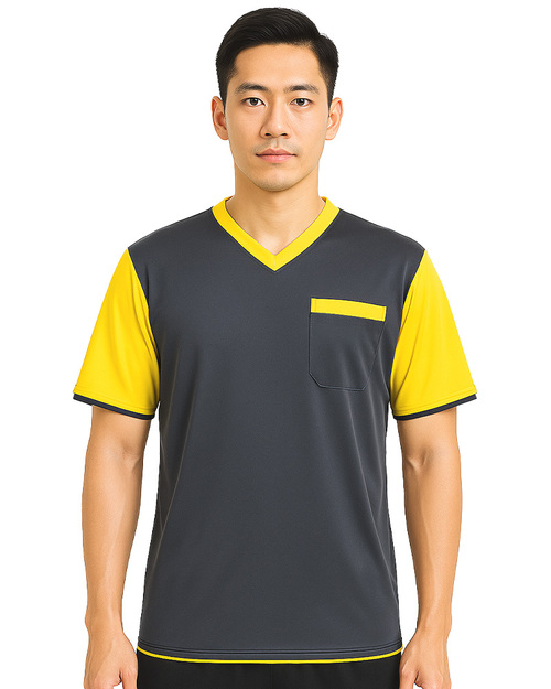 客製V領T恤-雙袖加口袋-黑配黃 <span>TCANB-B01-00227</span>  |商品介紹|T恤客製化【訂製款】|T恤訂製短袖中性版