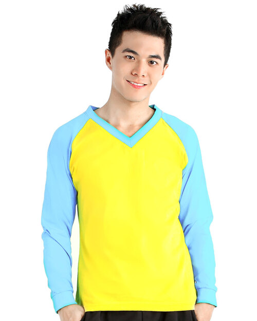 T恤訂製款v領斜長袖中性-黃水藍袖<span>TCANB-B02-00122</span>