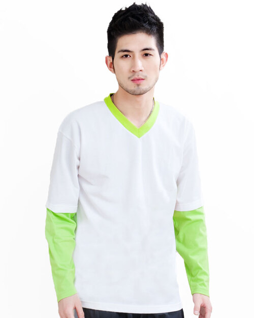 T恤訂製款v領雙色長袖中性-果綠接白<span>TCANB-B02-00124</span>