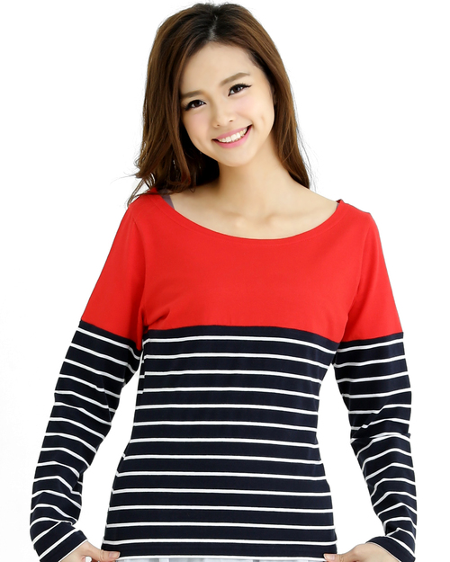 T恤訂製款接片造型長袖腰身-紅接丈清白條<span>TCANG-A02-00134</span>