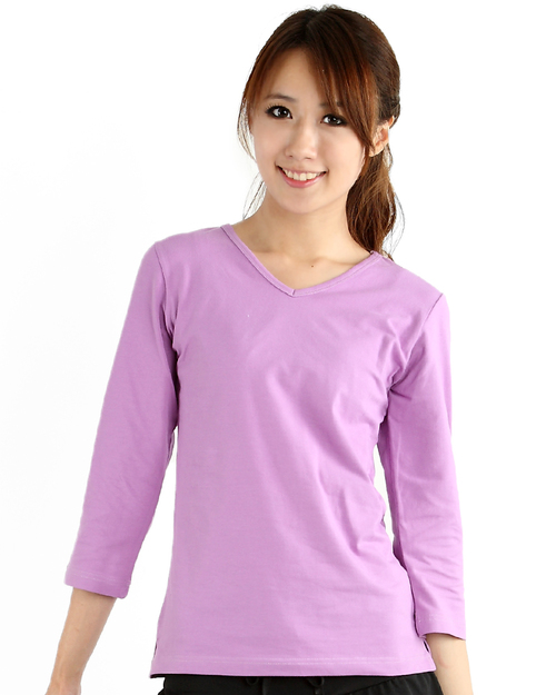 T恤訂製款v領七分袖素面腰身-紫<span>TCANG-B02-00147</span>