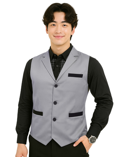 服務背心-尖擺釦子｜假口袋-灰配黑｜<span>VCAN-C-18</span>