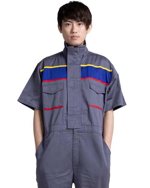 連身工作服短袖訂製-灰配寶藍紅黃 <span>WORKC-B01</span>  |商品介紹|工安 職安制服/工作服/工作褲【訂製】|工作服 【訂製款】